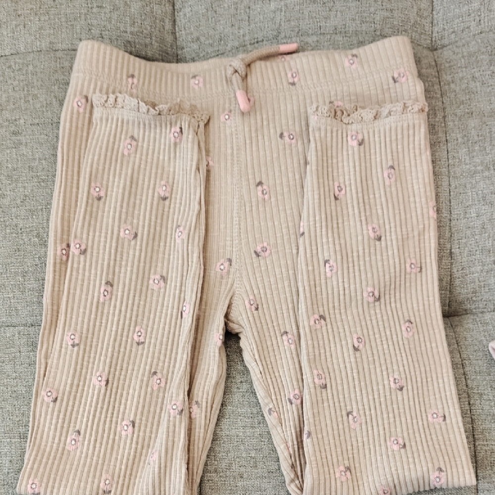 Toddler ribbed Beige Pants with Pink Floral Accents